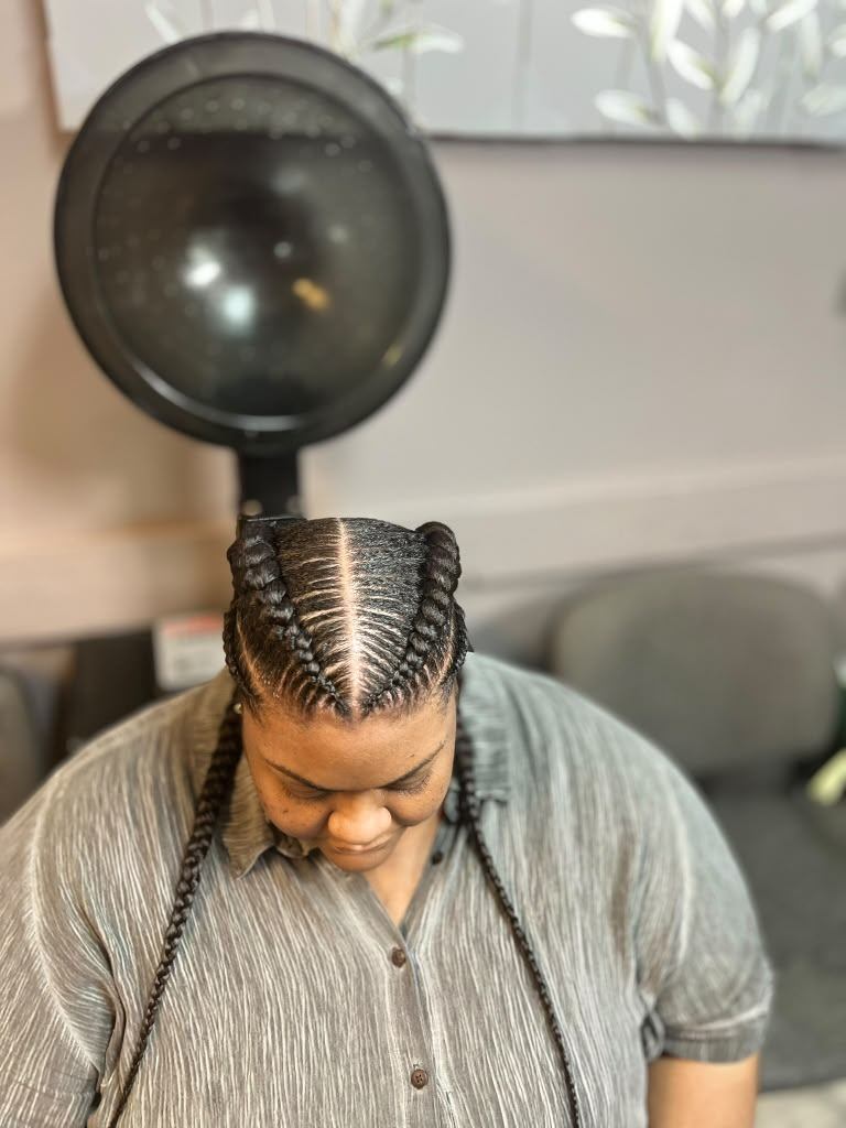 Two sleek feed-in braids with a center part